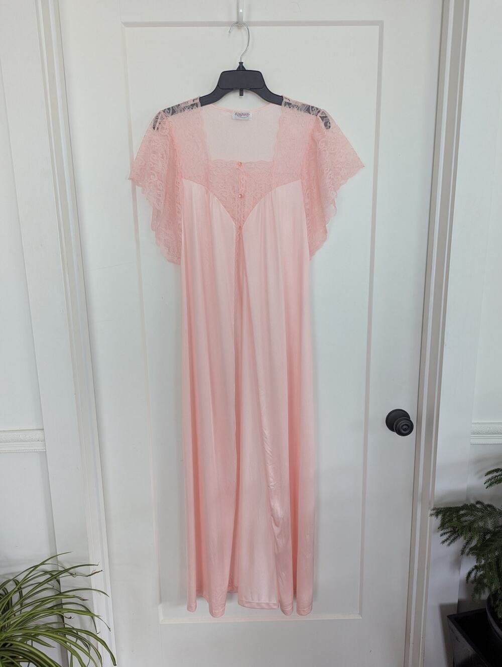 Vtg Kayser Pink Lace Nightgown S Maxi Full Length Flutter Sleeve USA